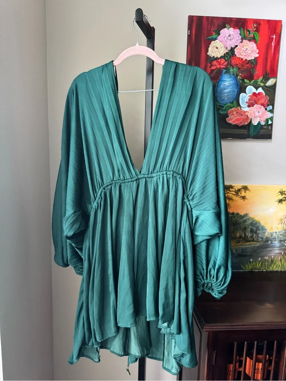Free people Emerald Green V-Neck Mini Dress with Tie Waist - Picture 9 of 11